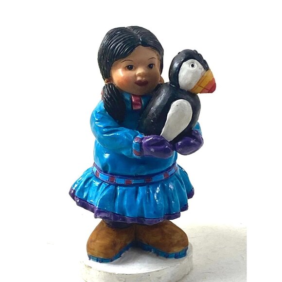 Native American Girl Figurine Holding Puffin Inuit Alaskan - Picture 6 of 6
